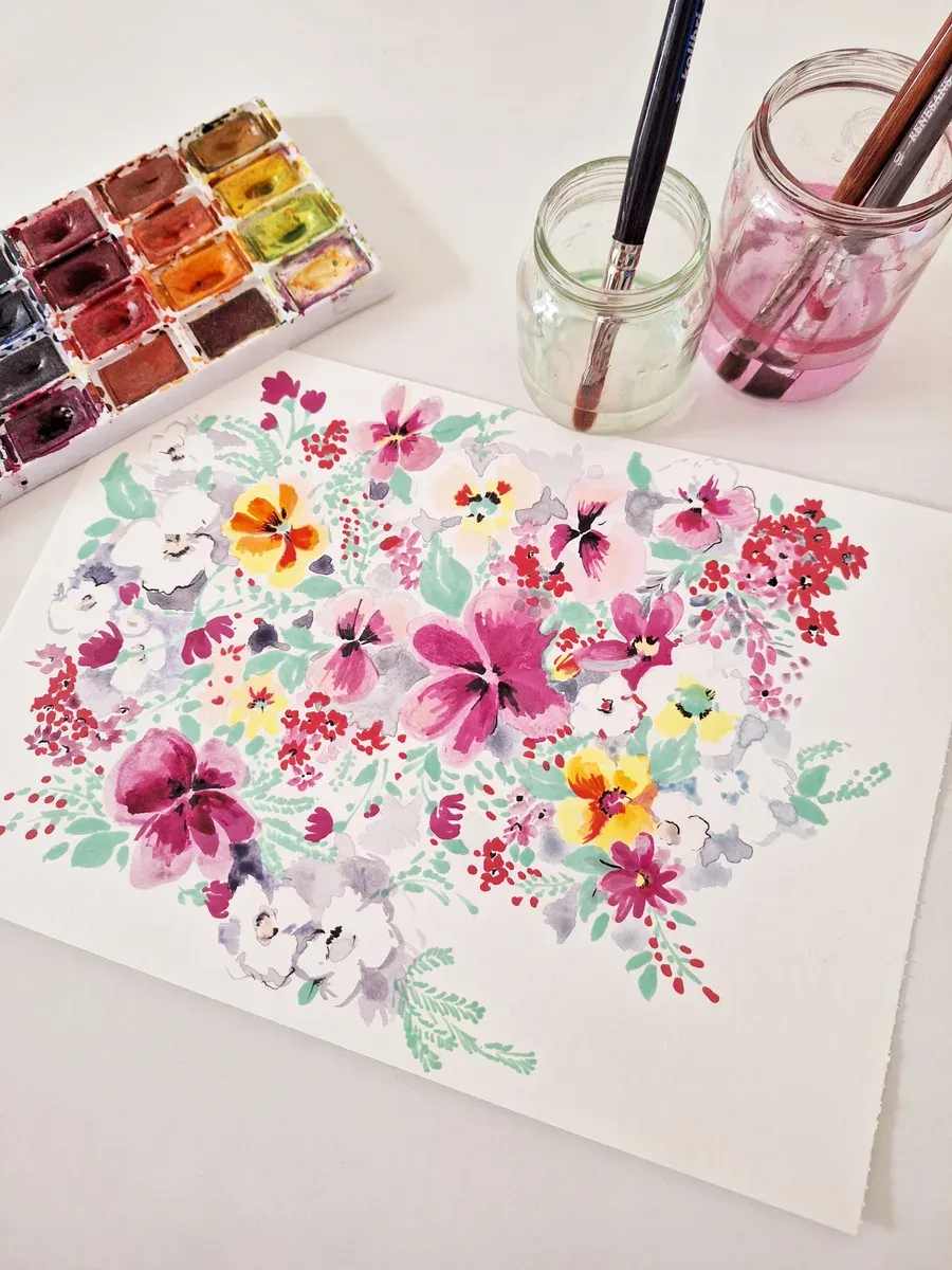 A floral print design with a watercolour palette