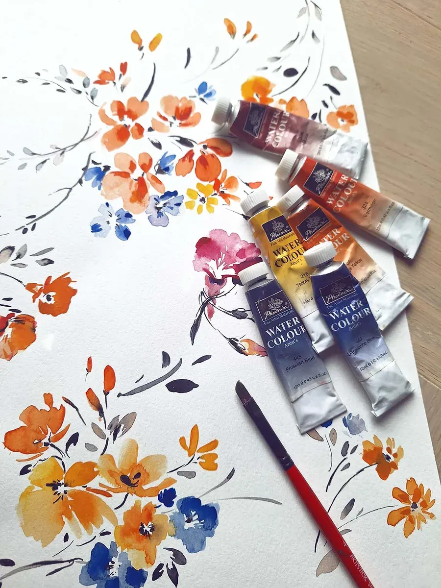 Watercolour textile print design being painted