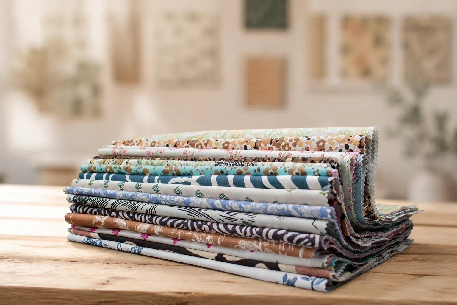 A stack of printed textile qualities from the Mitwill collection