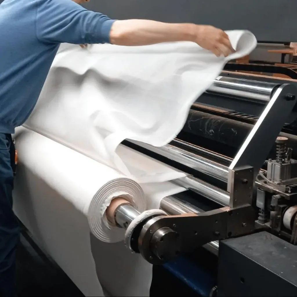 Fabric being fed through a finishing machine in a textile plant